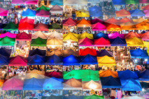 Market stalls in Hong Kong hosting a variety of goods and services